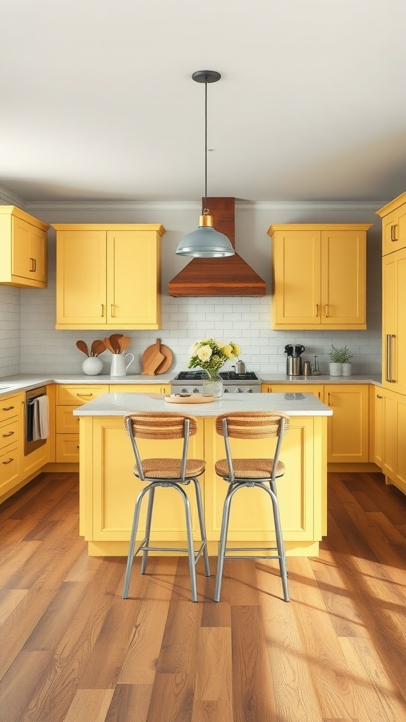 A charming yellow kitchen with a bright kitchen island, wooden flooring, and stylish bar stools.