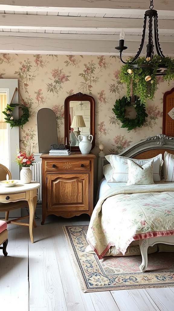 A cozy traditional bedroom featuring floral wallpaper, rustic wooden furniture, and soft lighting.