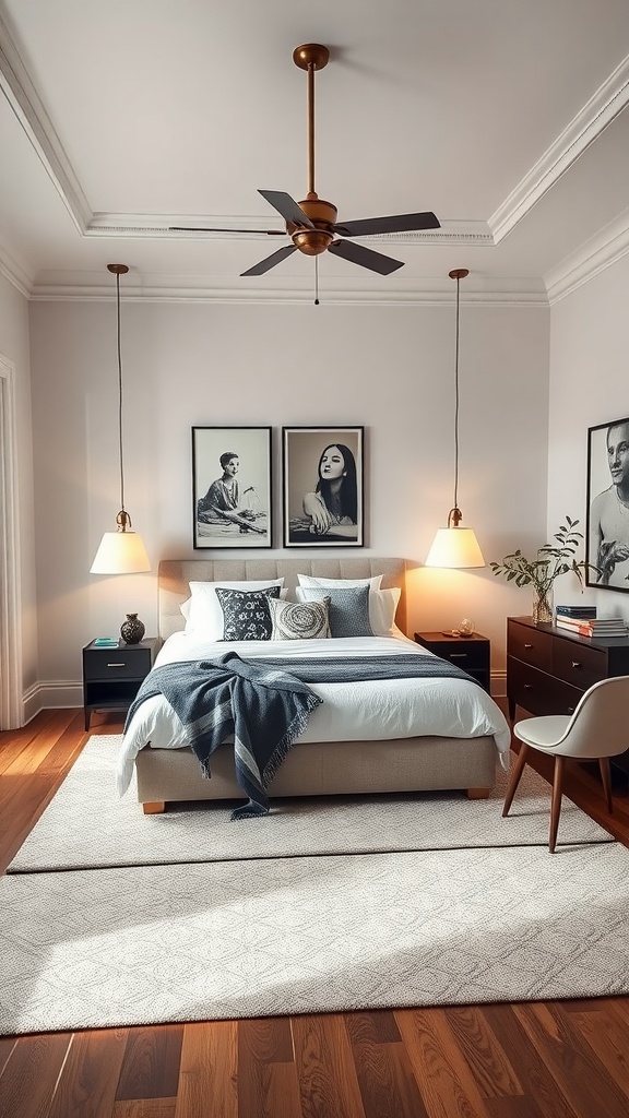 A chic modern traditional bedroom featuring a cozy bed, pendant lamps, and black-and-white artwork.