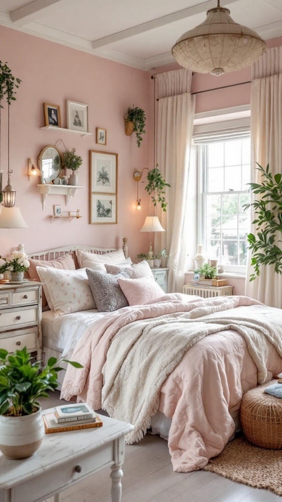 A chic shabby chic bedroom featuring a white bed with blush pillows, a chandelier, and framed art on the walls.