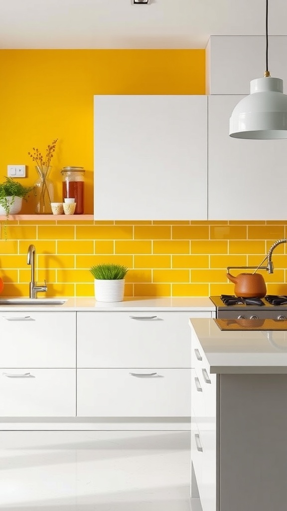A modern kitchen design featuring a vibrant yellow backsplash with white cabinets and a minimalist style.