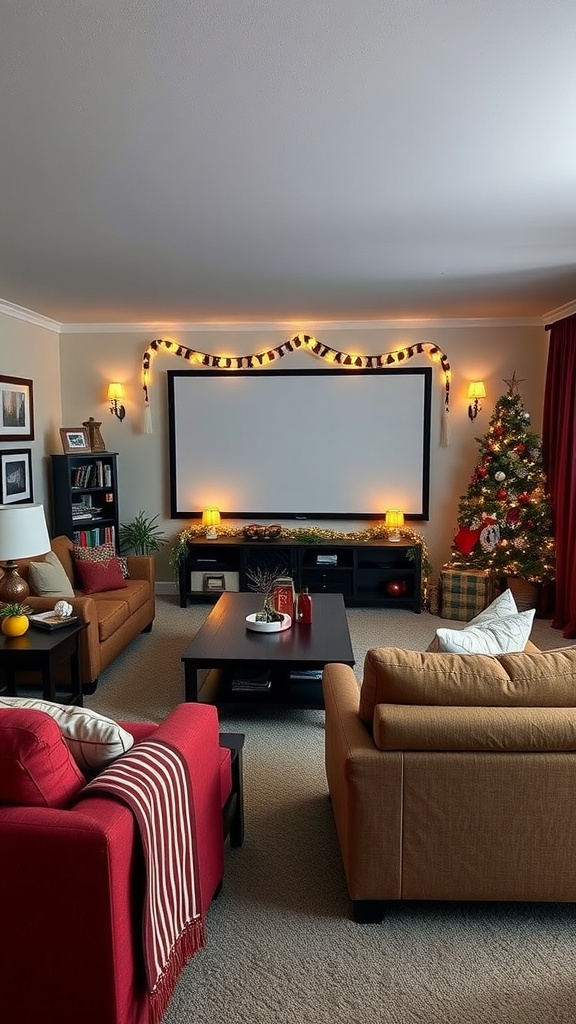 Cozy holiday living room setup for movie watching, featuring a large screen, festive decorations, and comfortable seating.