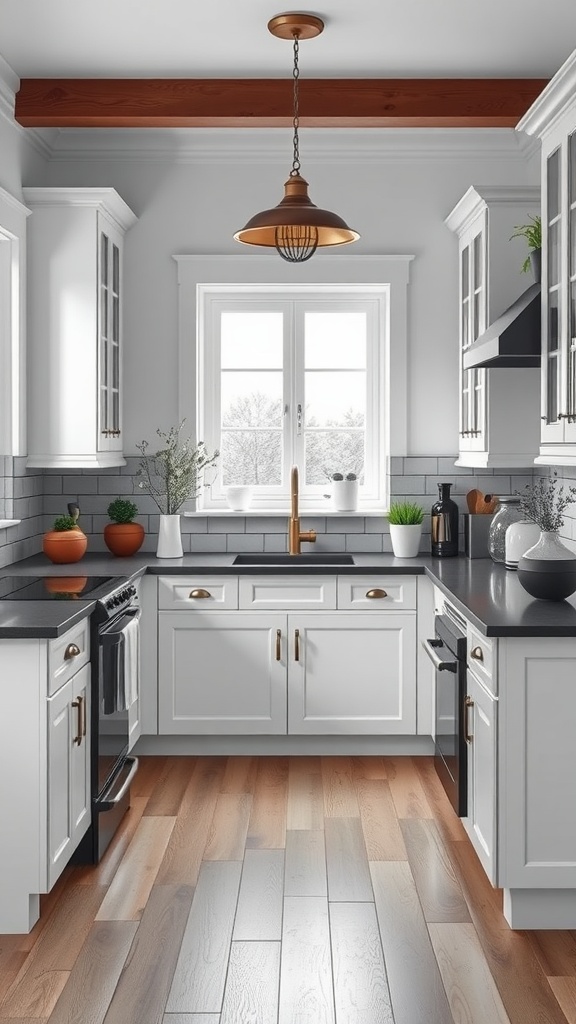 A stylish kitchen featuring white cabinets, black countertops, wood accents, and plants.