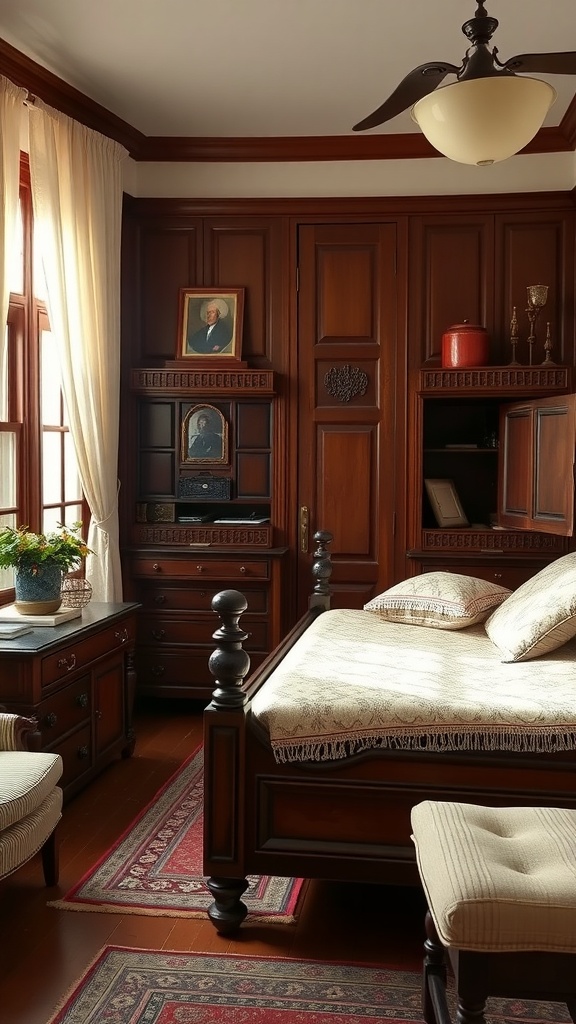 A colonial style bedroom featuring rich wooden furniture, large windows, and classic decor.