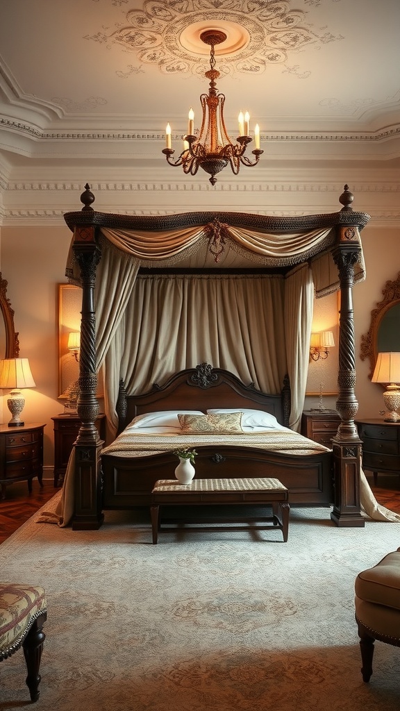 Elegant bedroom featuring a classic four-poster canopy bed with rich wooden frame and soft drapery, illuminated by a chandelier.