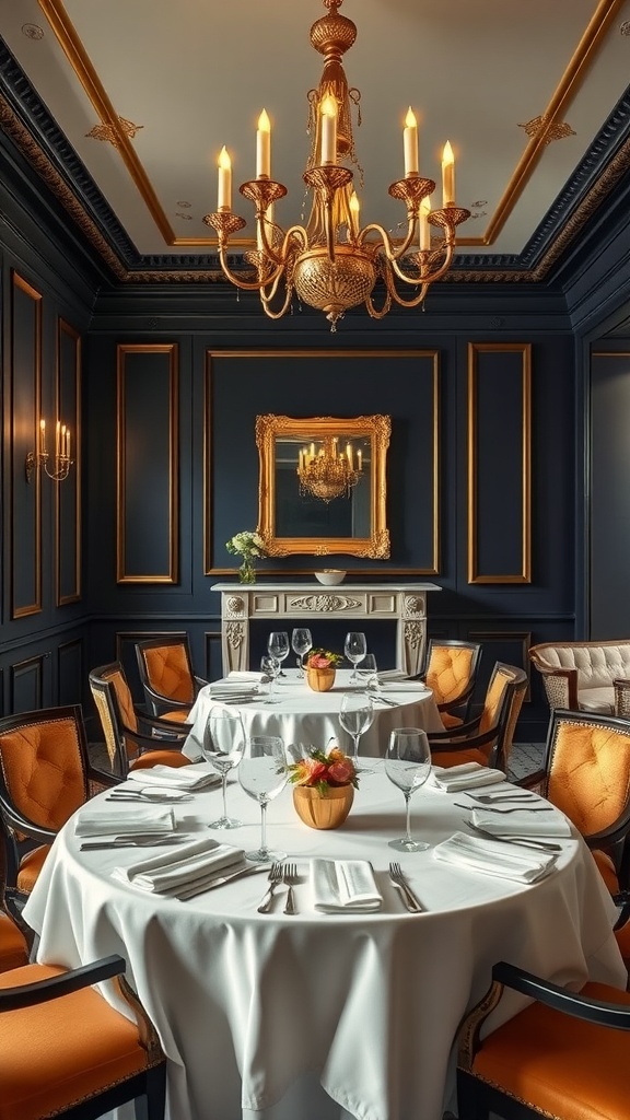 A dining room featuring classic navy walls and warm gold accents, with plush orange chairs and elegantly set tables.