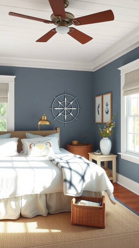 A cozy traditional bedroom with blue walls, a comfortable bed, nautical decor, and natural light.