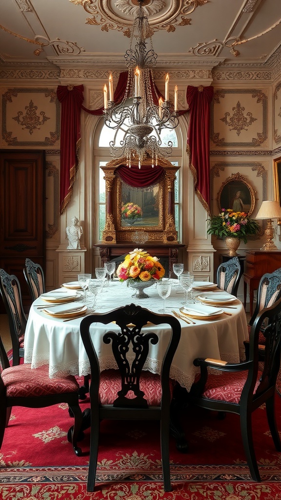 A classic Victorian dining room featuring a round table with a white tablecloth, ornate chandelier, and elegant decor.