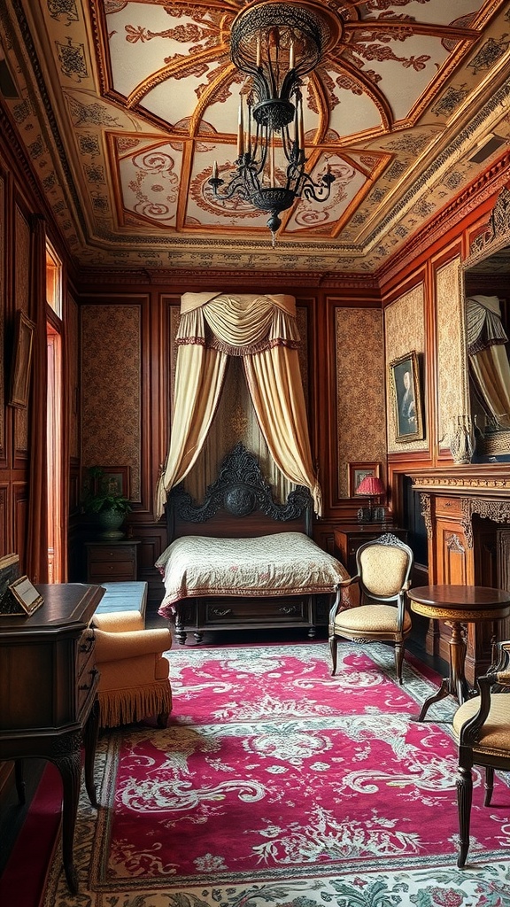 A classic Victorian-style bedroom featuring ornate woodwork, a luxurious bed with drapes, elegant furnishings, and a rich red area rug.