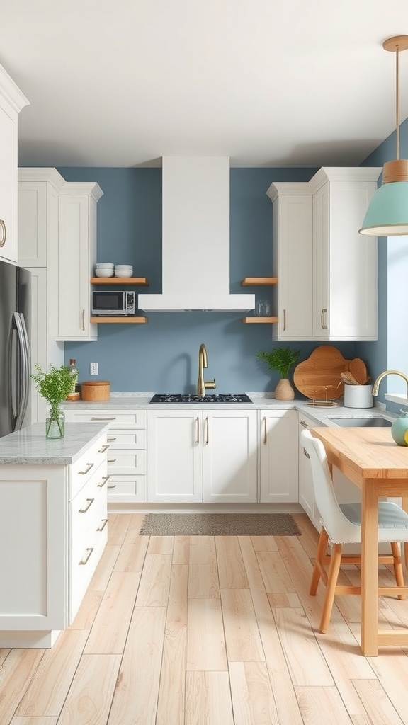 Modern farmhouse kitchen with blue walls, white cabinets, and wooden accents.
