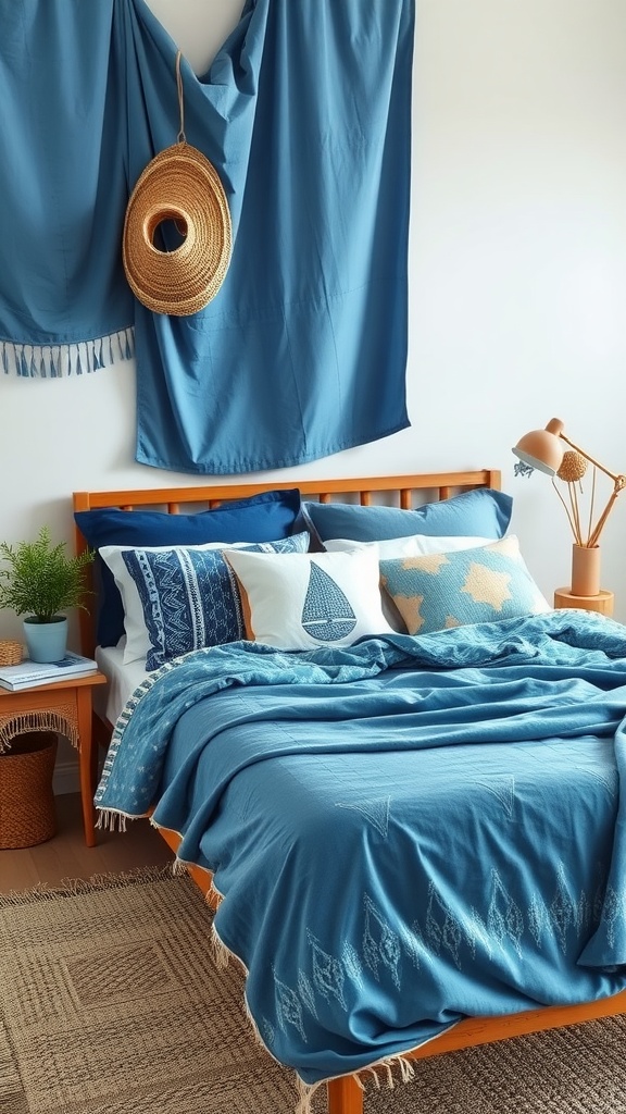 A cozy bedroom with coastal blue textiles, featuring a blue bedspread, patterned pillows, and decorative wall hangings.