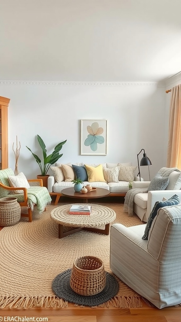 A cozy coastal living room with layered textures, featuring soft neutral tones and colorful throw pillows on the sofas.