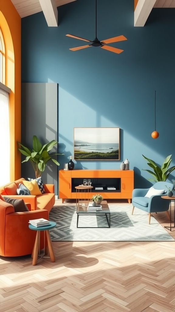 A bright and vibrant coastal living room featuring blue walls, orange furniture, and a light wood floor.
