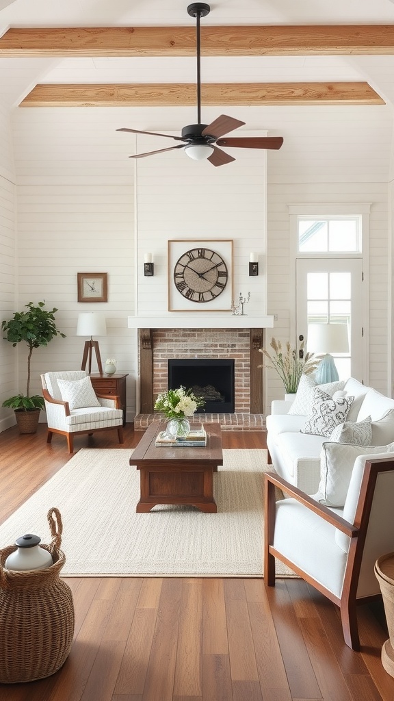 A cozy coastal farmhouse living room with shiplap walls, wooden beams, and vintage accents.