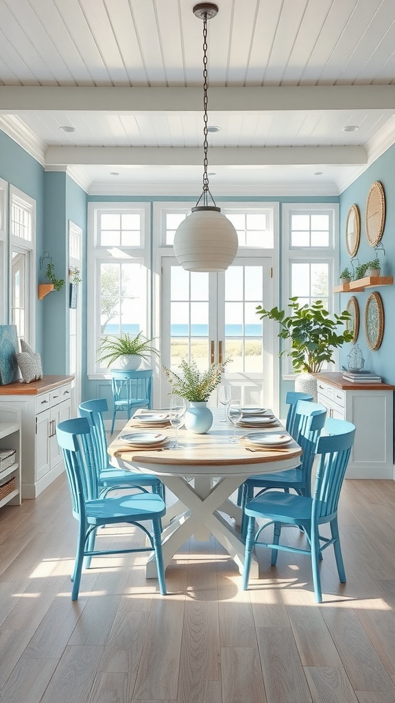 Dining room with blue walls, round wooden table, and blue chairs, featuring large windows with a view of the ocean.