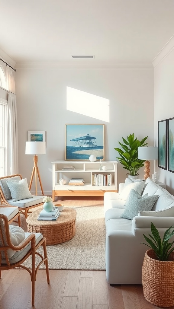 A cozy coastal living room featuring soft pastel shades, a white sofa with pastel pillows, a woven coffee table, and green plants.