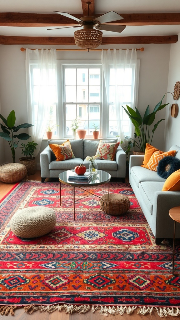 A boho living room featuring a colorful red area rug, a beige sofa with cushions, and plants.