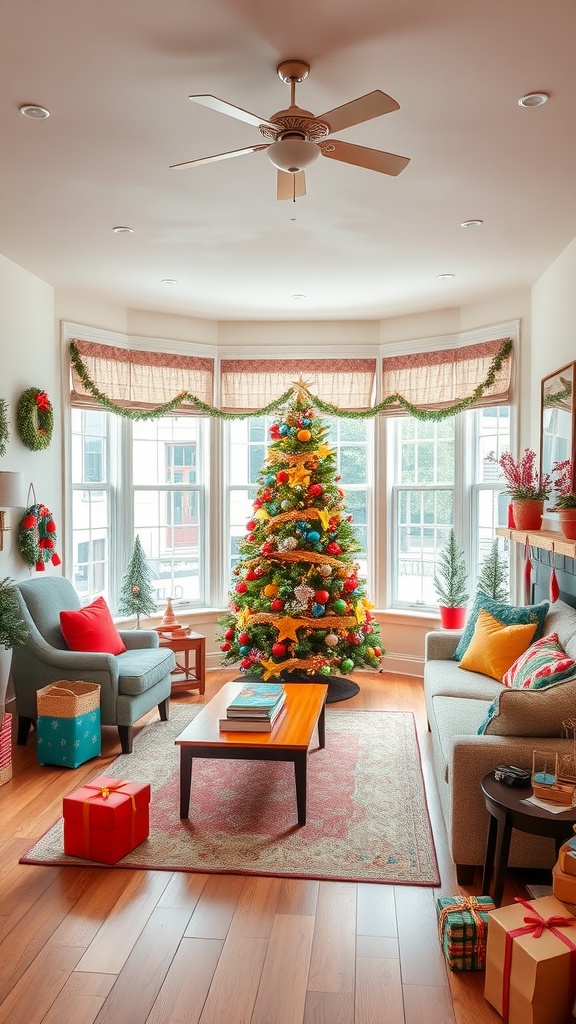 A colorful holiday-themed living room with a decorated Christmas tree, cozy seating, and festive decorations.