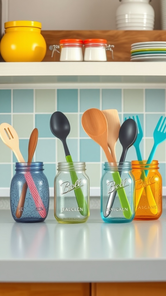 Colorful mason jars filled with kitchen utensils on a countertop