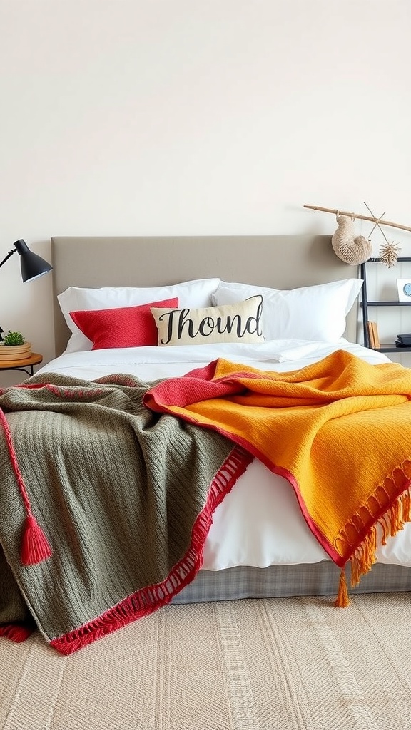A bed with colorful throws, including a vibrant orange and a deep green throw, creating a cozy and inviting atmosphere.