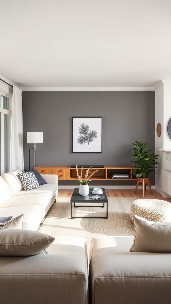 Cozy Scandinavian living room with neutral colors, modern furniture, and natural light.