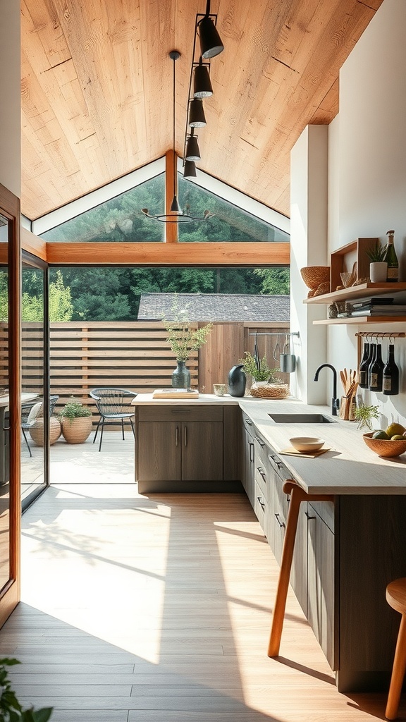 A modern Scandinavian kitchen with large glass doors connecting to an outdoor space, featuring warm wood tones and sleek countertops.