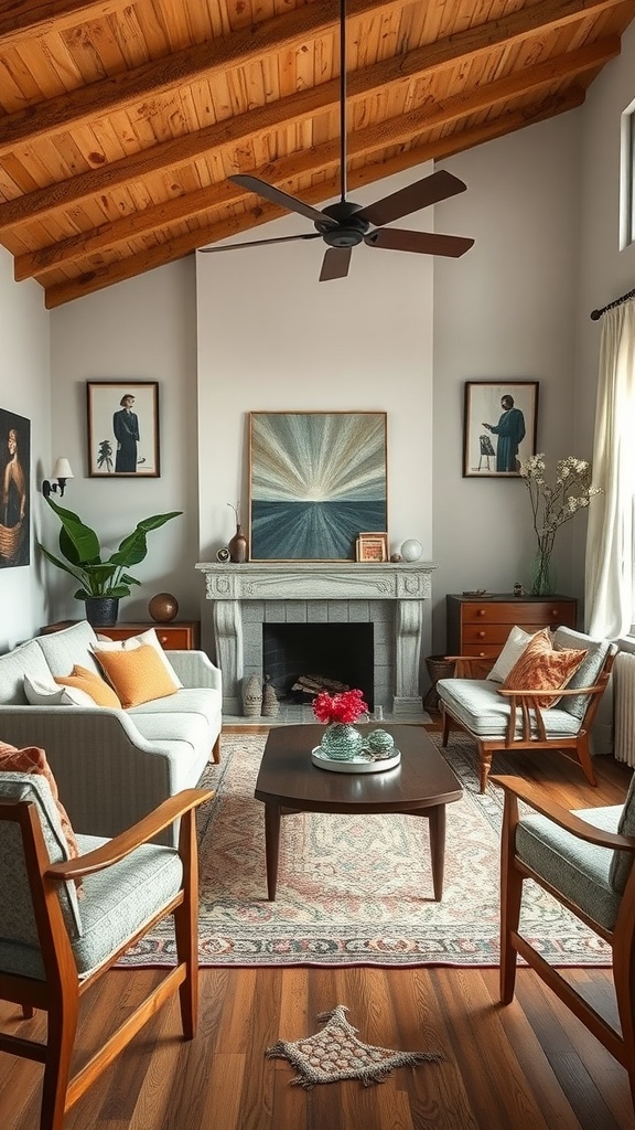A boho living room featuring a blend of modern and vintage furniture with wooden ceiling and artwork.