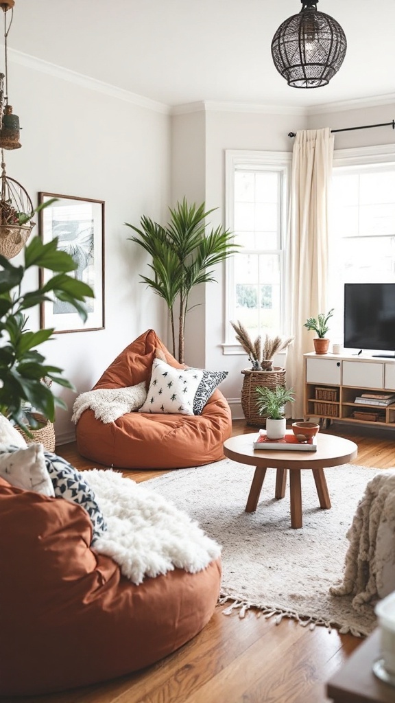 A cozy boho living room featuring a mix of comfortable seating options, including a sofa with colorful pillows and bean bag chairs, surrounded by natural elements.