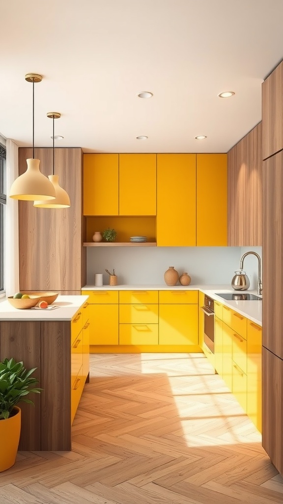 A contemporary kitchen featuring yellow cabinets and natural wood accents with a modern design.