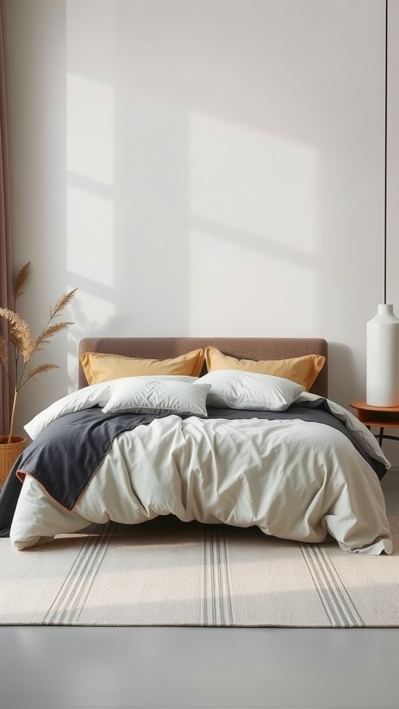 A cozy bedroom featuring a mix of light and dark bedding fabrics, showcasing warmth and comfort.