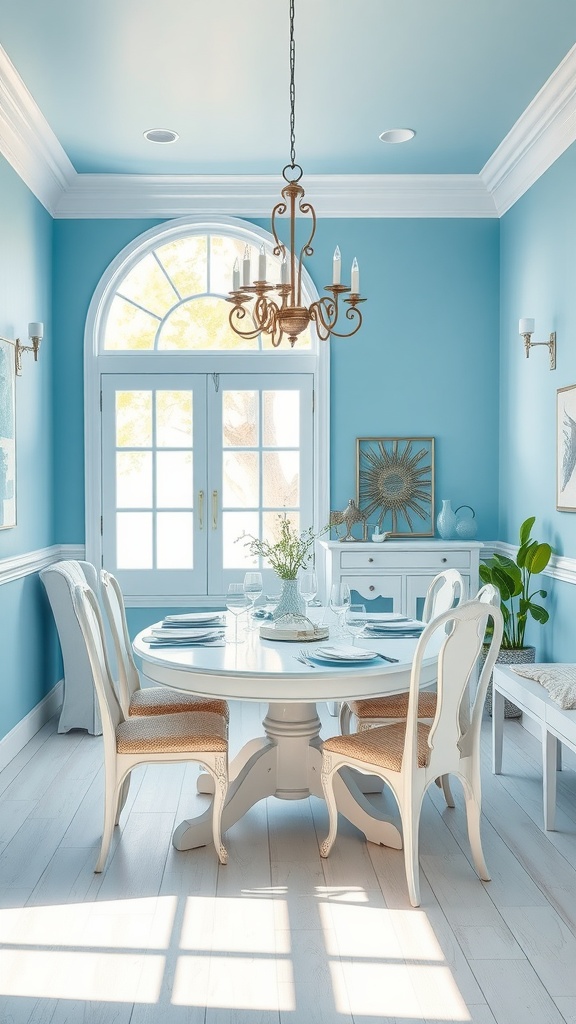 A serene dining room featuring blue walls and a round white table with elegant chairs, illuminated by a chandelier.