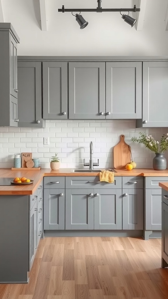 A modern kitchen featuring cool gray cabinets and warm wooden countertops.