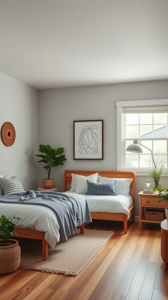 A cozy modern farmhouse bedroom featuring gray walls, wooden beds, white linens, and plants.