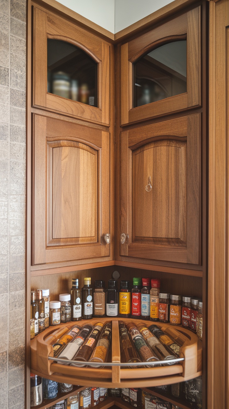 A corner cabinet lazy Susan filled with spices and sauces