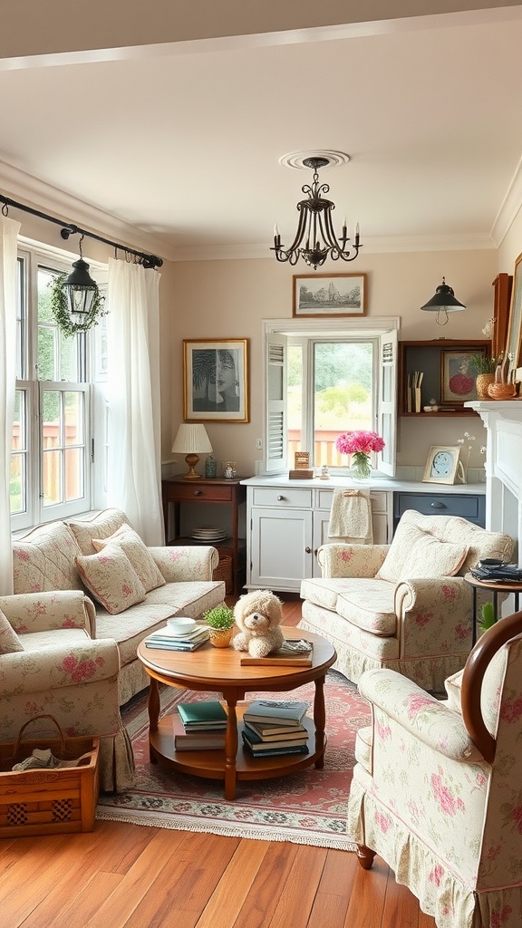 Cozy cottage-style living room with soft fabrics and floral patterns.