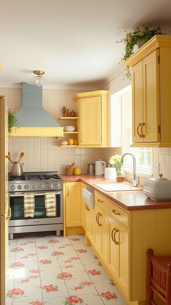 Cottage style kitchen with yellow cabinets and floral tiled floor