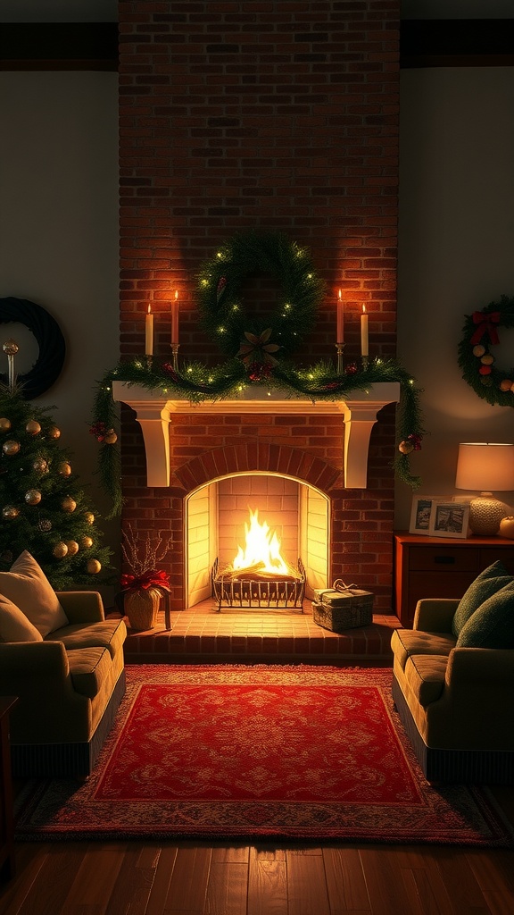A cozy living room with a brick fireplace, decorated for the holidays, featuring two armchairs and a Christmas tree.