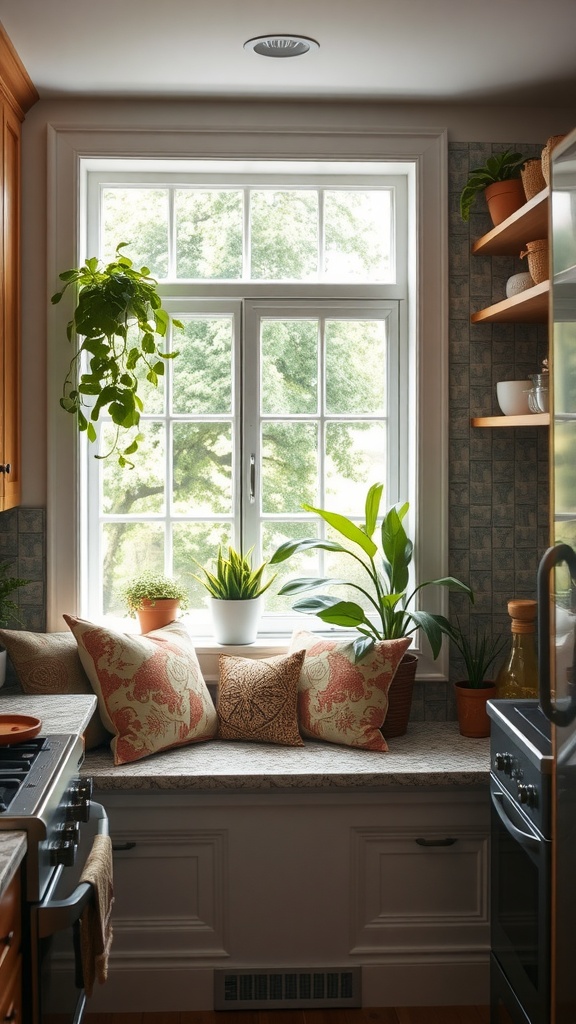 Cozy kitchen nook with a window seat, plush pillows, and plants
