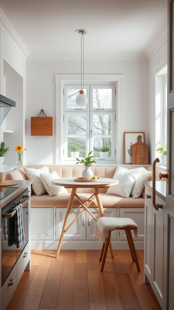 Bright Scandinavian kitchen nook with cushioned seating and round table