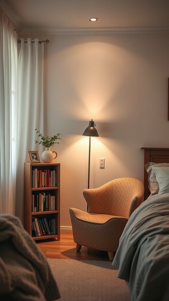 Cozy reading nook with a chair, lamp, and bookshelf in a modern farmhouse bedroom