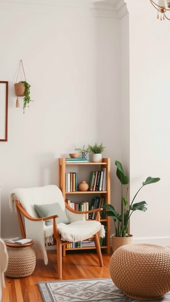 Cozy reading nook featuring a comfortable chair, a small bookshelf, and plants