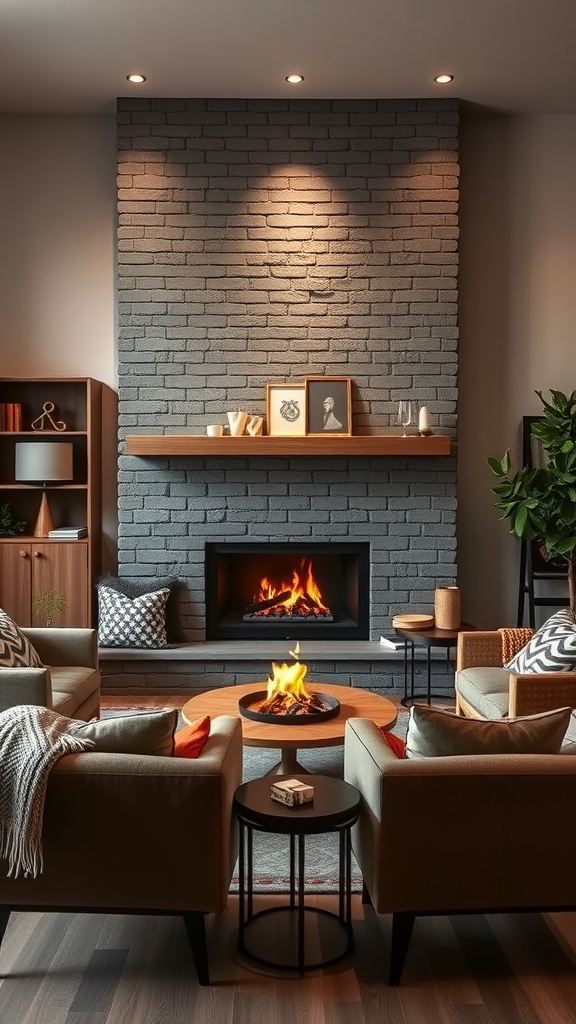 Cozy Scandinavian living room featuring a fireplace with a gray brick wall and comfortable seating.