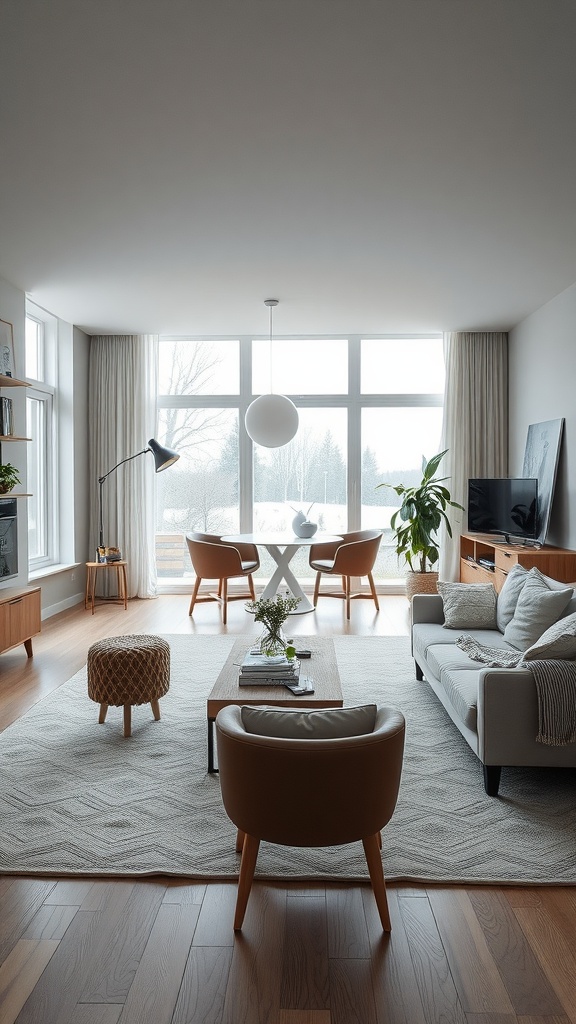 A cozy Scandinavian living room featuring an open layout, large windows, and warm wooden accents.