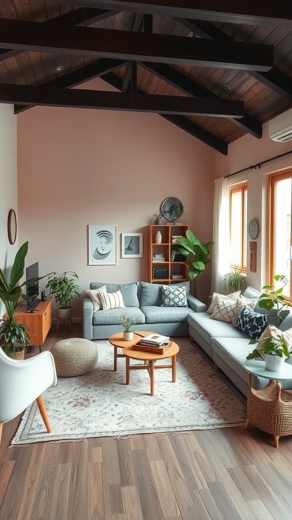 A cozy Boho living room with a sectional sofa, plants, a round coffee table, and natural light.