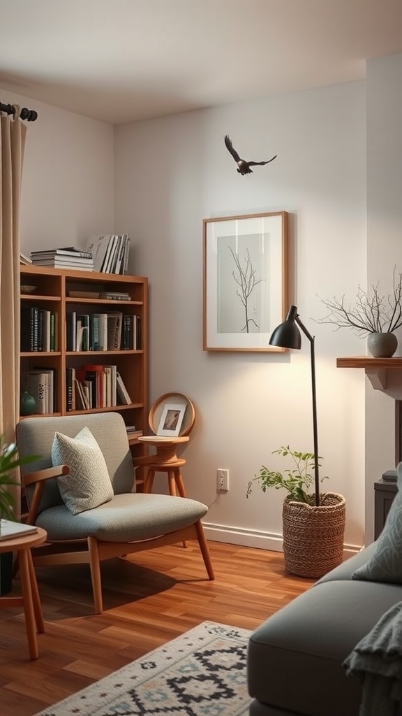Cozy reading nook with a comfortable chair, bookshelf, and potted plant