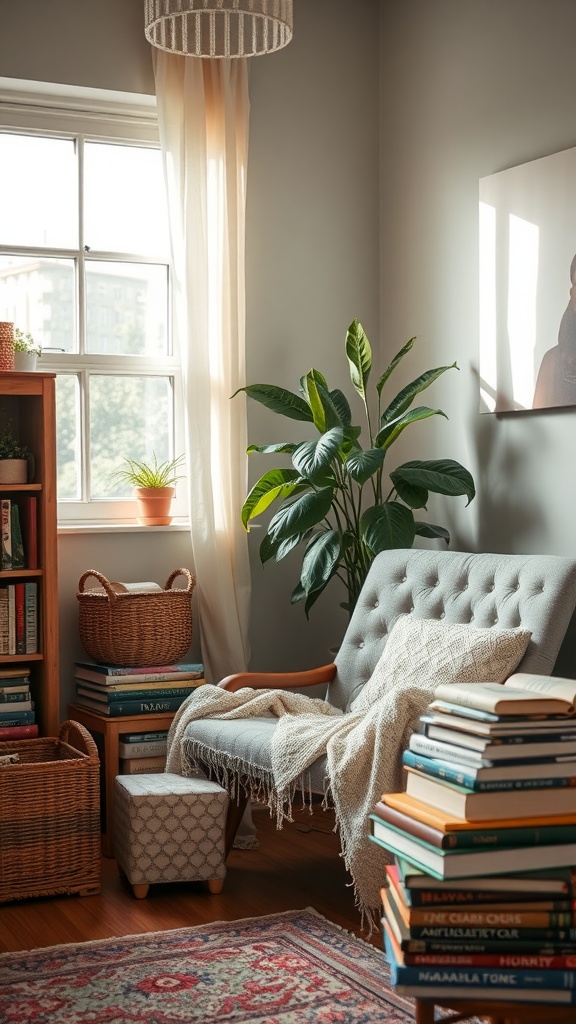 Cozy boho reading nook with a gray sofa, stacks of books, and a leafy plant.