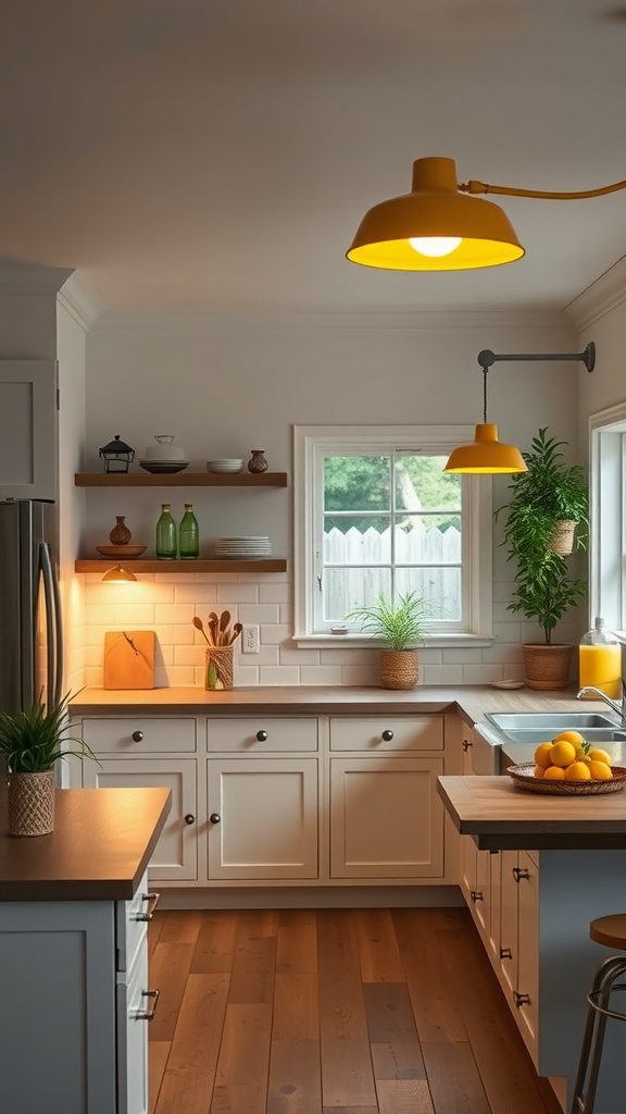 A cozy modern farmhouse kitchen with yellow lighting fixtures.