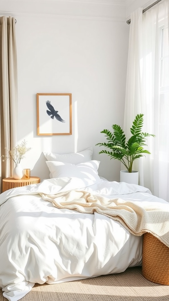 A cozy bedroom with a white bedspread, fluffy pillows, and minimal decor.