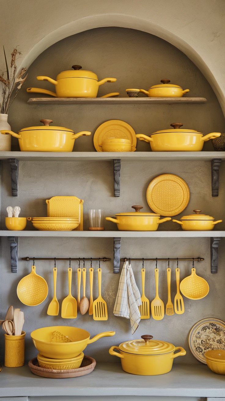 Yellow display shelves with various yellow dishware in a kitchen