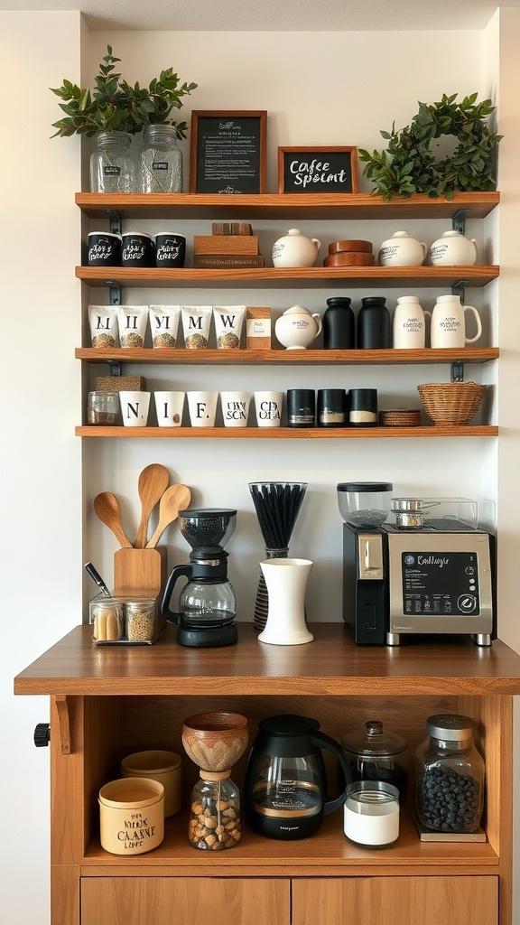 A well-organized custom coffee bar station with shelves holding various mugs and jars, and a countertop featuring coffee-making devices.